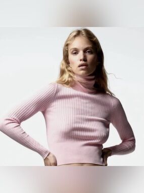 Zara Cropped Pink Ribbed Turtleneck Sweater